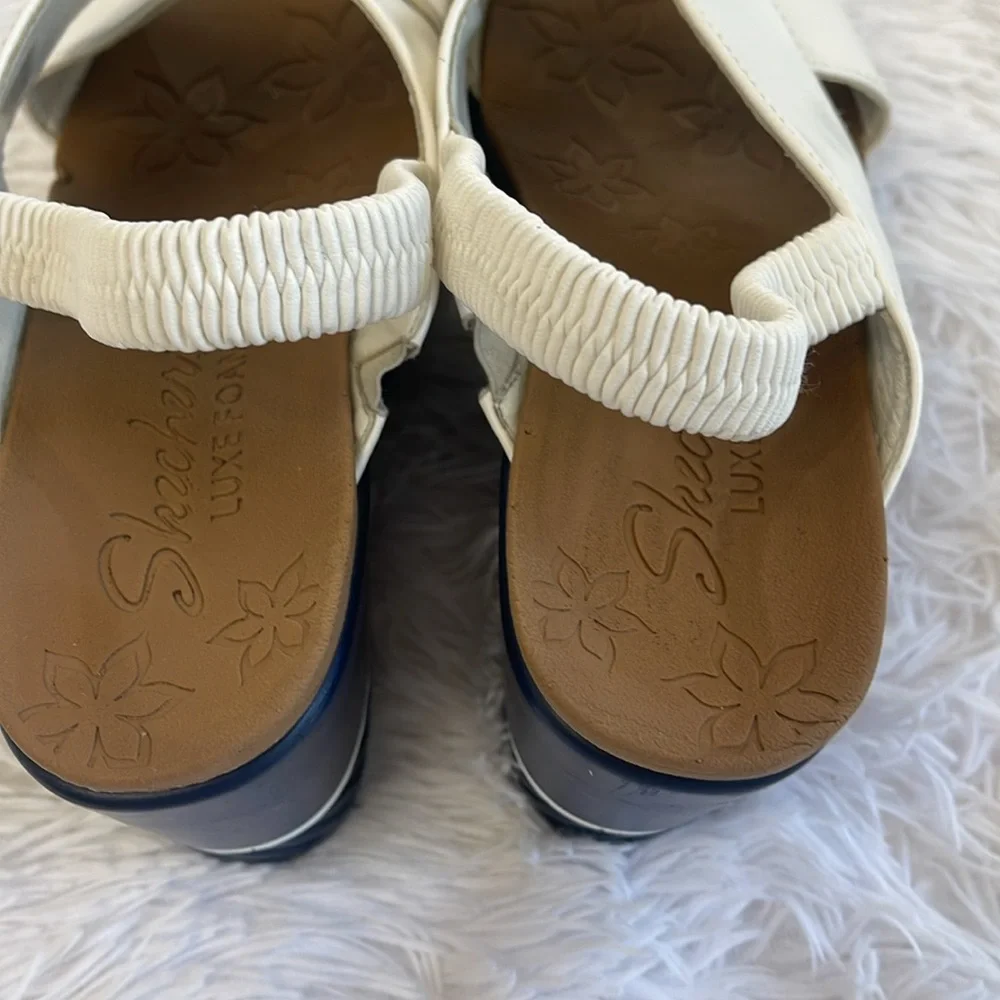 Skechers White and Navy Blue Wedge Sandals with Modern Design WOMENS SIZE 10